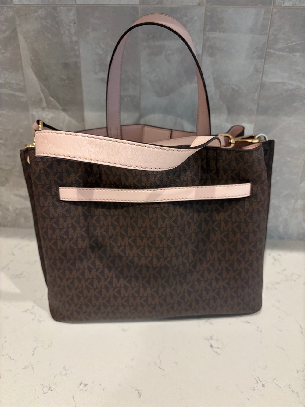 Michael Kors Brown Logo Shoulder Tote with Pale Pink Trim